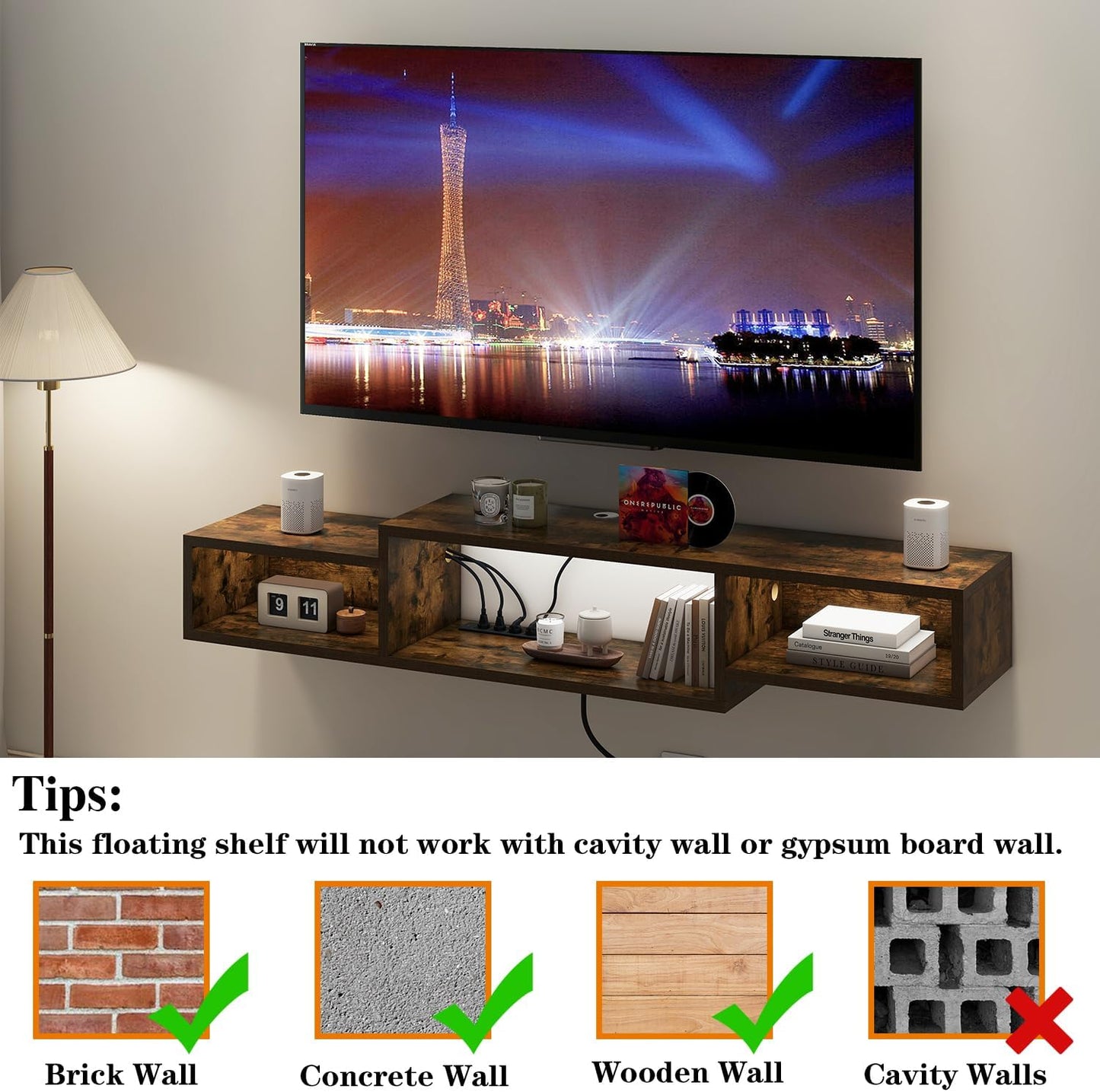 IBUYKE 59" Floating TV Stand Wall Mounted with Power Outlet,Wood Wall Mounted Media Console Shelf,Floating Entertainment Center for Under TV Storage for Living Room Bedroom Office,Rustic Brown WST007H