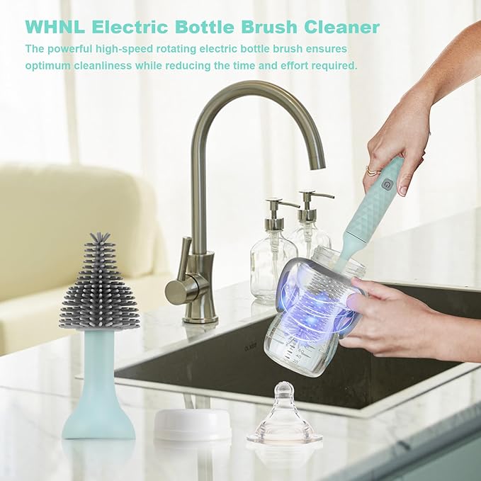 Electric Bottle Brush, 4 Piece Bottle Brush Set with Baby Bottle Brush Cleaner, Nipple Brush, Pacifier Cleaner, Straw Cleaner Brush, Gifts for Newborns and Mothers, Blue