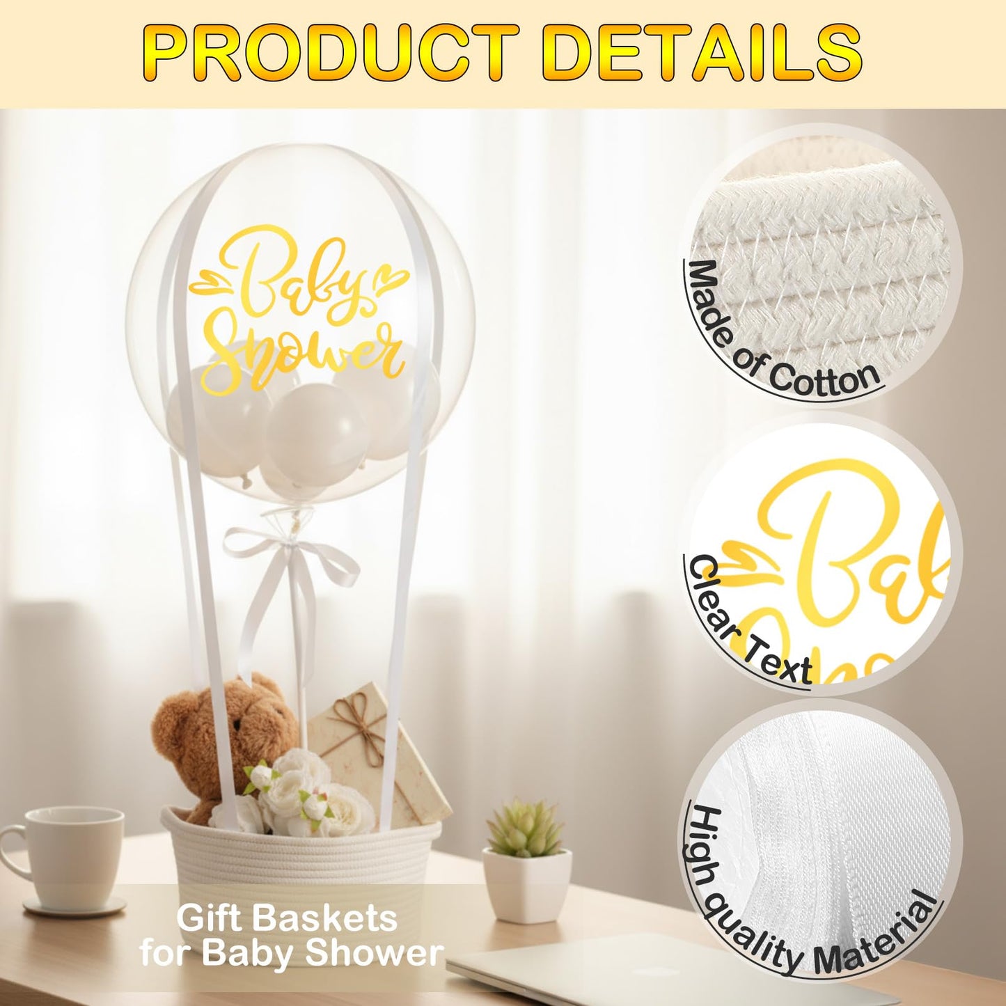 BrightRow DIY Hot Air Balloon Baby Shower Gift Basket Decoration Set Woven Basket Transparent Bobo and White Balloons Ribbon Balloon Stand Sticker Newborn Gift Wrapping Baby Shower Party Decor