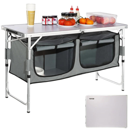 VEVOR Camping Kitchen Station, 3 Adjustable Height Folding Outdoor Camp Cooking Table with Storage Organizer, Quick Set-up for Patio BBQ Picnic Glamping Traveling