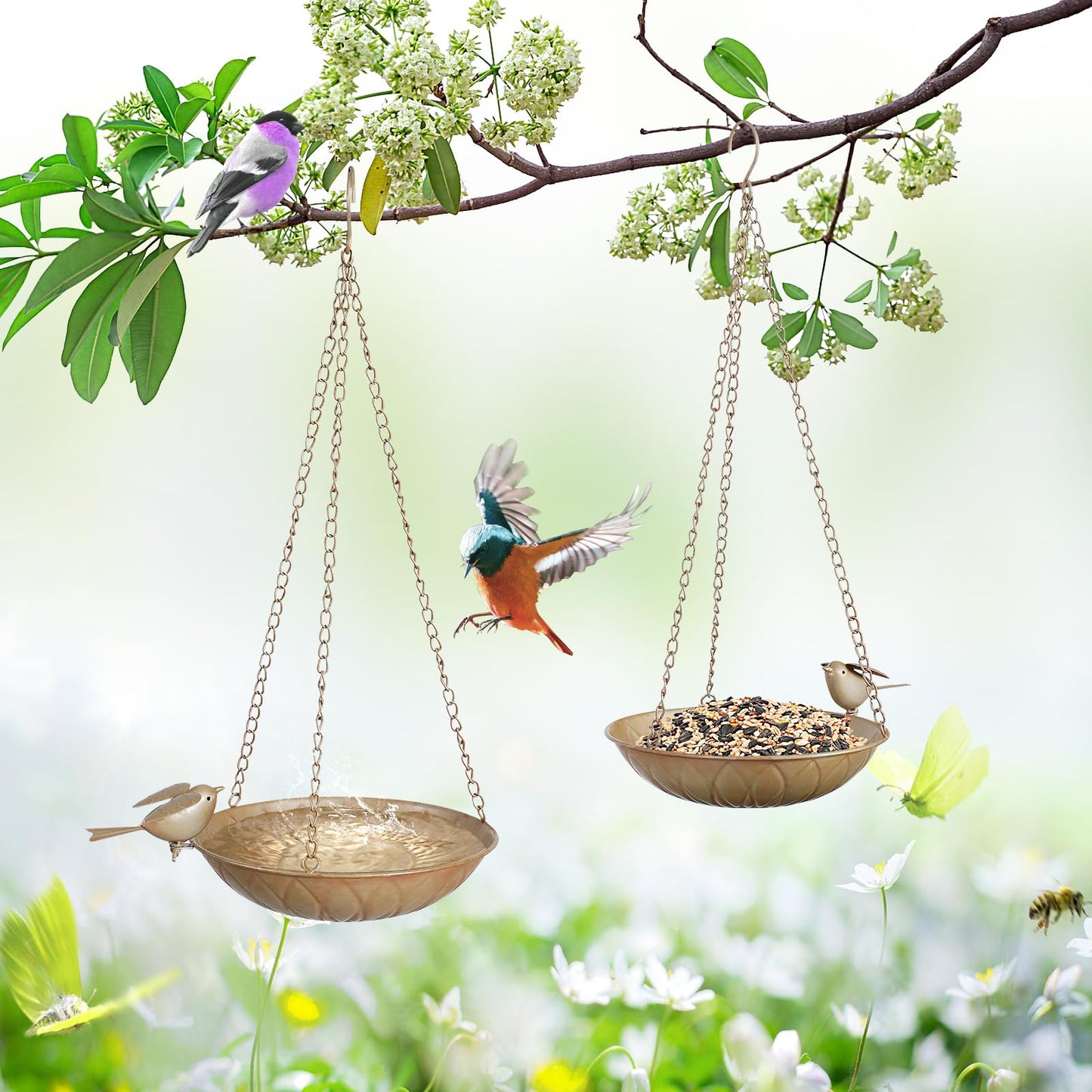 Hanging Bird Bath for Outside, 2 Pack Metal Birds Feeder & Water Bowl with Chains and S-Hooks,Birdbath Hanging for Outdoors Bird Feeder Seed Tray Garden Yard Decor (Rustic Gold)