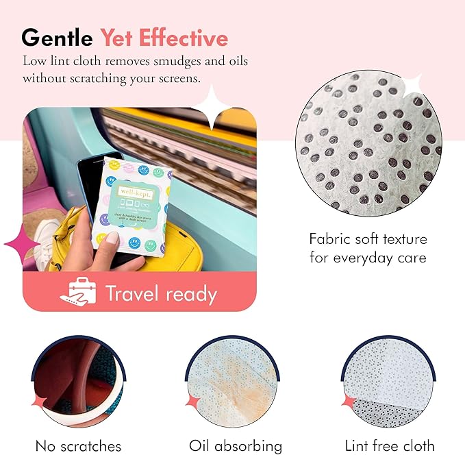 Well-Kept Tech & Lens Wipes - Eyeglass, Screen & Phone Cleaning, Multi-Surface, Lint-Free, Pre Moistened, Streak-Free & Non Scratching - All Smiles, 12 Pack (180 Count)