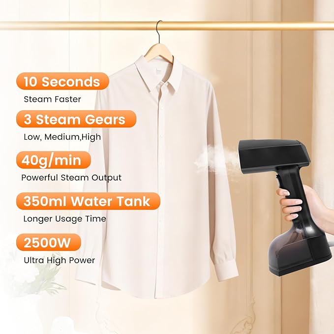 Travel Steamer for Clothes, Portable Steamer, 10-Second Fast Heating Handheld Steam, 2500W Power, 3 Steam Modes, with 350ml Water Tank, for Home Travel Office