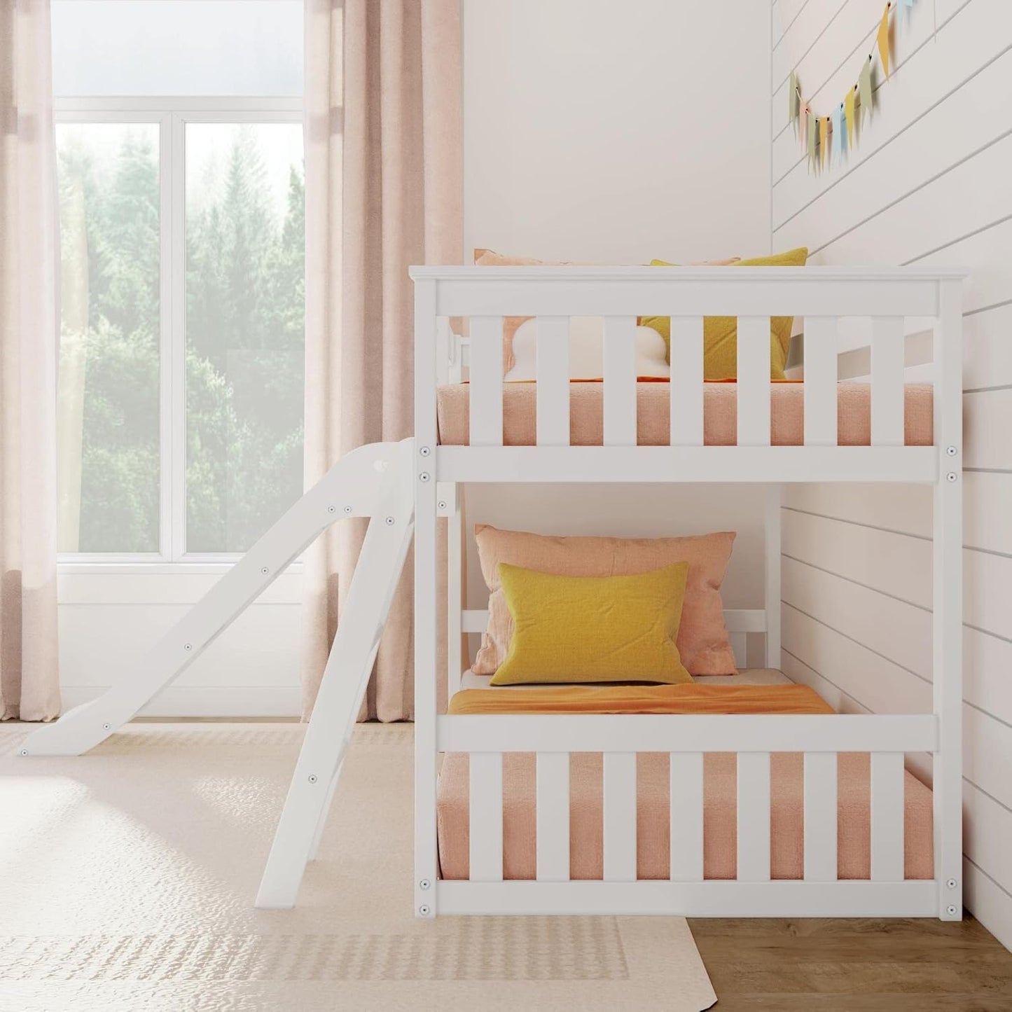 Max & Lily Solid Wood Twin Over Twin Size Low Bunk Beds for Kids with Slide and Ladder, 400 lbs Weight Capacity, 14" Safety Guardrail, Anti-Slip Steps, White