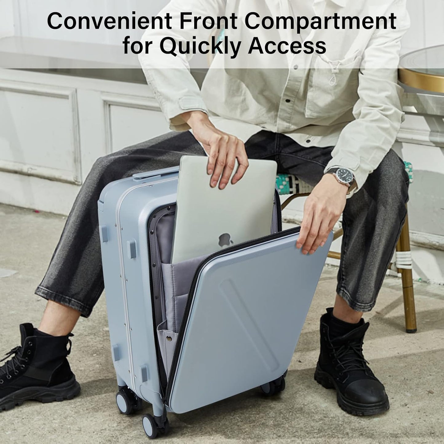 MILADA Wide Handle Carry On Luggage with Front Pocket Hardshell 20 Inch Front Opening Luggage with Spinner Wheels TSA Lock Aluminium Suitcase Airline Approved Carry-On Travel Luggage, Grey