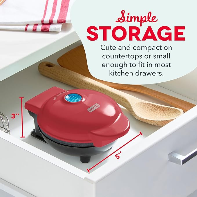 DASH Mini Waffle Maker - 4” Waffle Mold, Nonstick Waffle Iron with Quick Heat-Up, Nonstick Surface - Perfect Mini Waffle Maker for Kids and Families, Just Add Batter (Red)