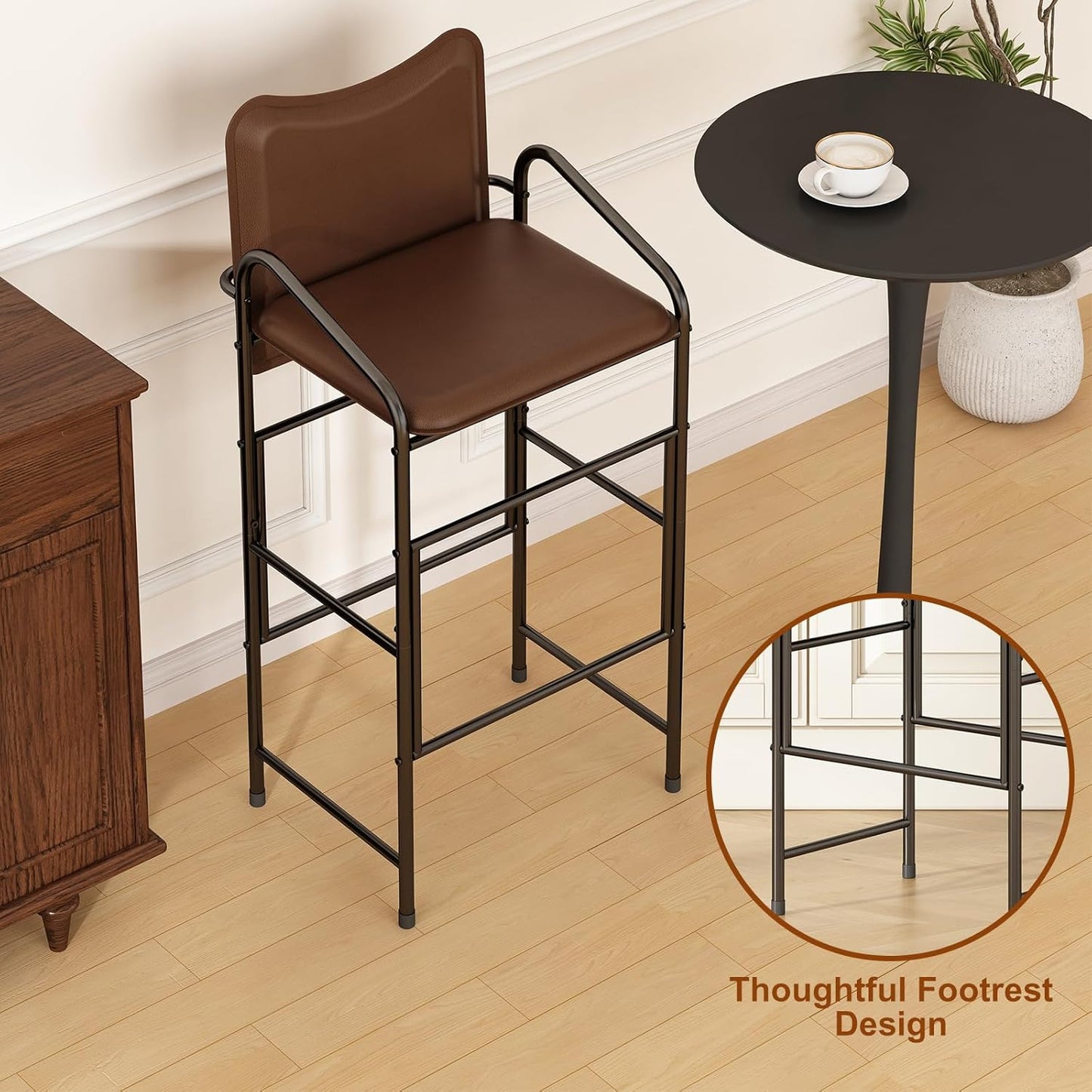 GILLAS Set of 2 Bar Stools with Backrest and Armrest, 36.2" PU Leather Counter Height Stools, Industrial Bar Chairs for Kitchen Island, Home Bar, Brown