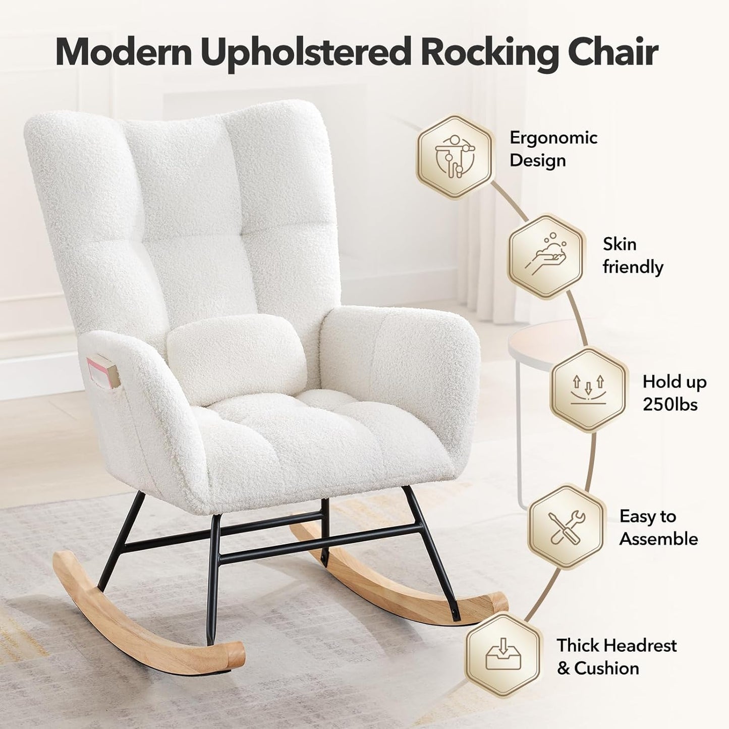 Nursery Rocking Chair,300Lb Glider Chair with Wood Legs/Two Side Pockets,Teddy Upholstered Glider Rocker with Padded Seat High Backrest for Living Room/Bedroom/Nursery