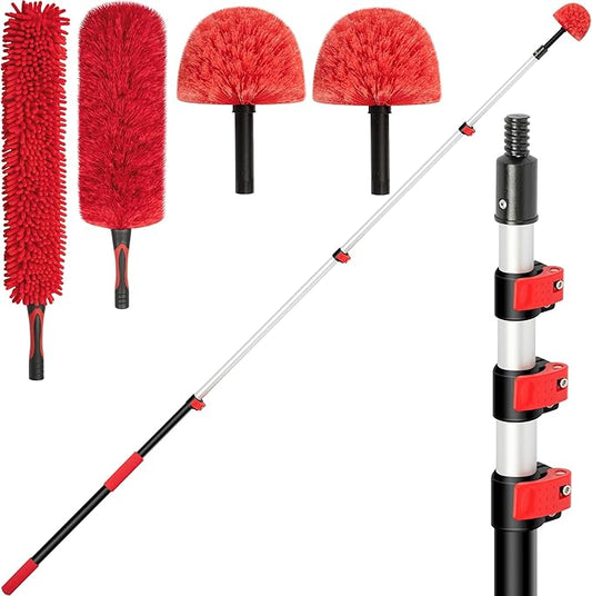 5-12 FT Extension Pole with 2 Outdoor Cobweb Brushes, 20 FT High Reach Ceiling Fan Cleaner Duster for Home, 12 FT Extendable Pole with 4 Pcs Dusting Tools, Cubweb Dusters, Feather Dusters, Fan Duster