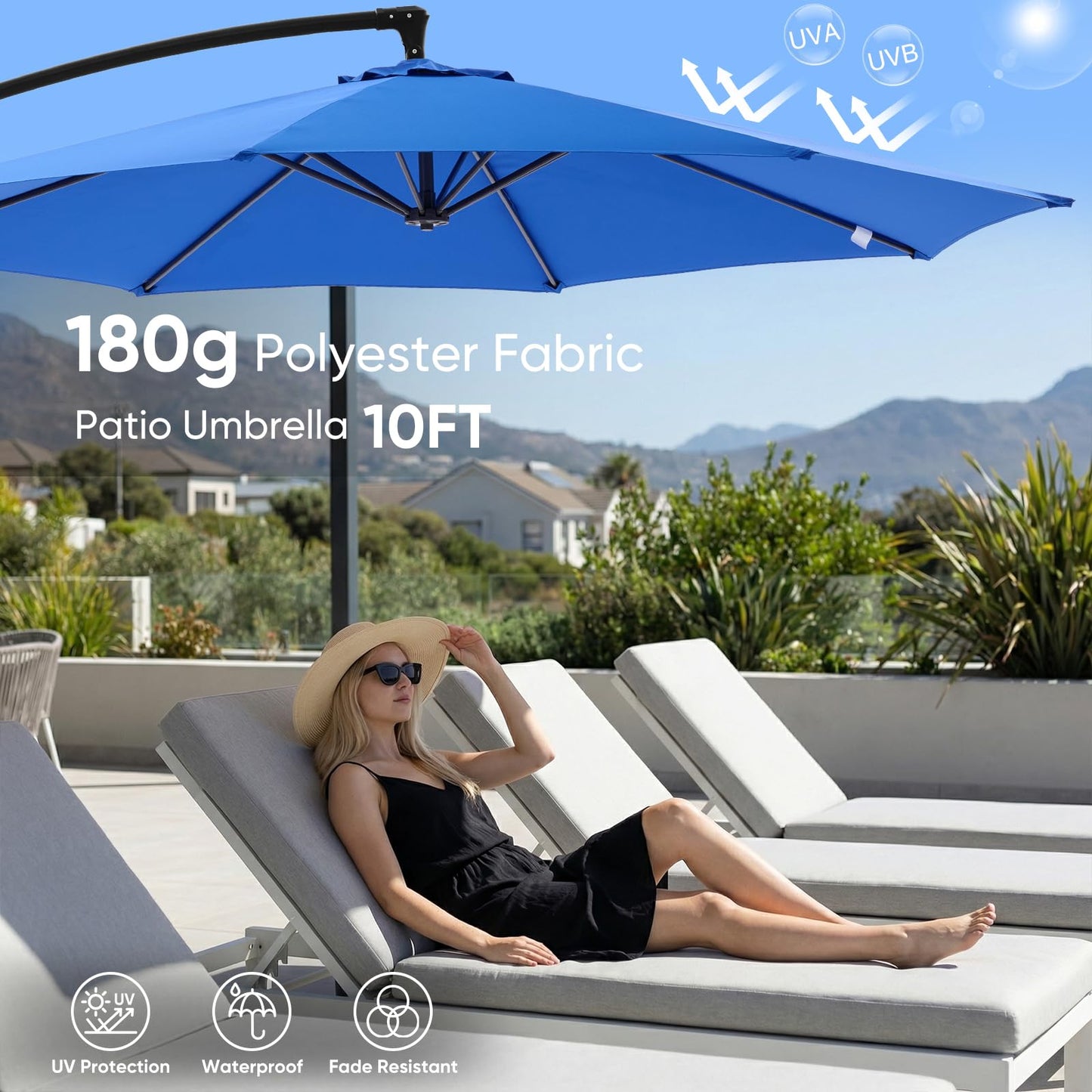 NEWBULIG 10FT Patio Umbrella with Base Included, Offset Cantilever Outdoor Patio Table Umbrella, UV Protection, Fade Resistant Fabric, Easy Tilt Adjustment for Pool, Deck, Garden, Backyard, Blue