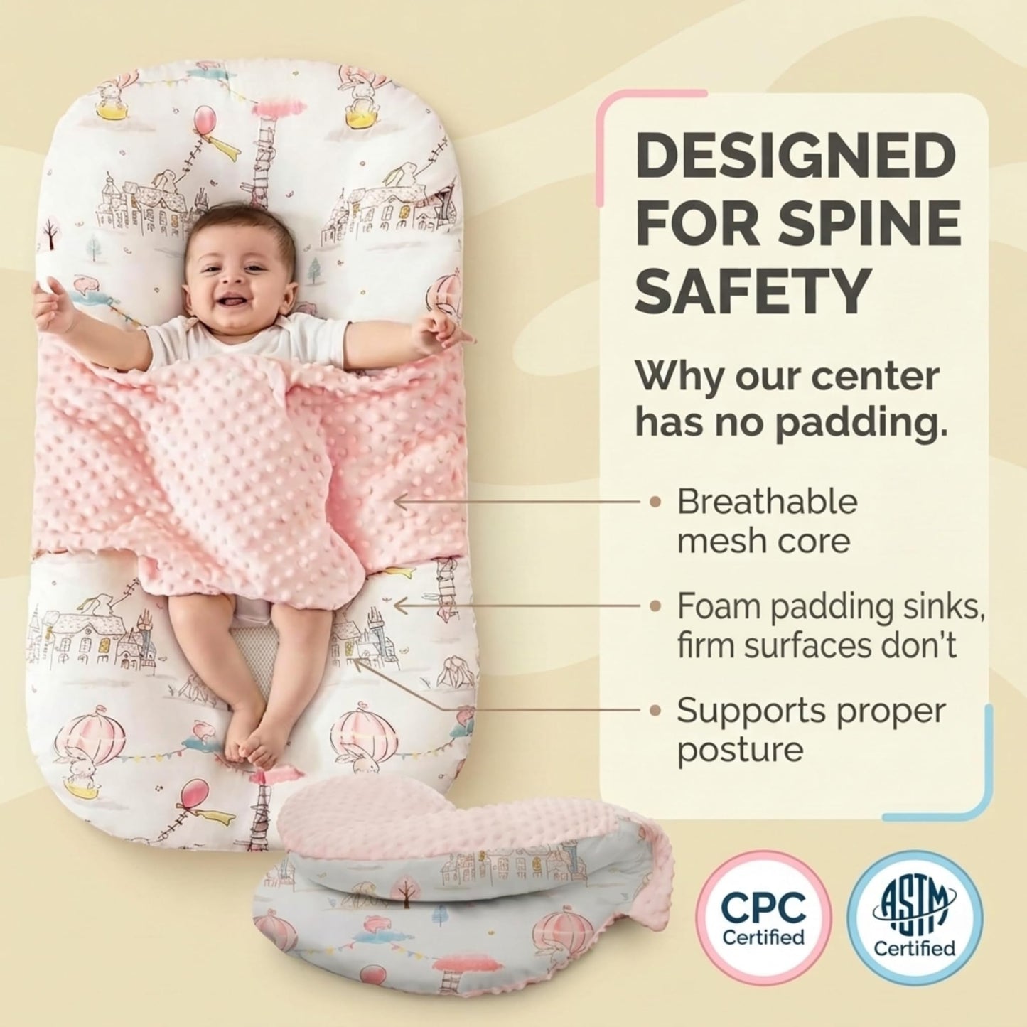 Baby Lounger Pillow for Newborn – Large Infant Lounger 0-24 Months | Anti-Startle Removable Wings, Breathable Mesh Core | 2-Sided Cotton & Minky Cover | Tummy Time Mat, Portable Baby Nest (Pink)