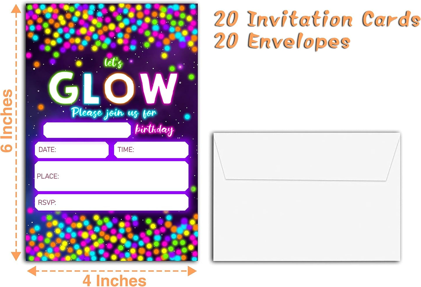 Neon Glow Invitation Birthday Party Invitations, 20-Count Let's Glow Theme Birthday Party Invites With Envelopes-HBYQK-B19