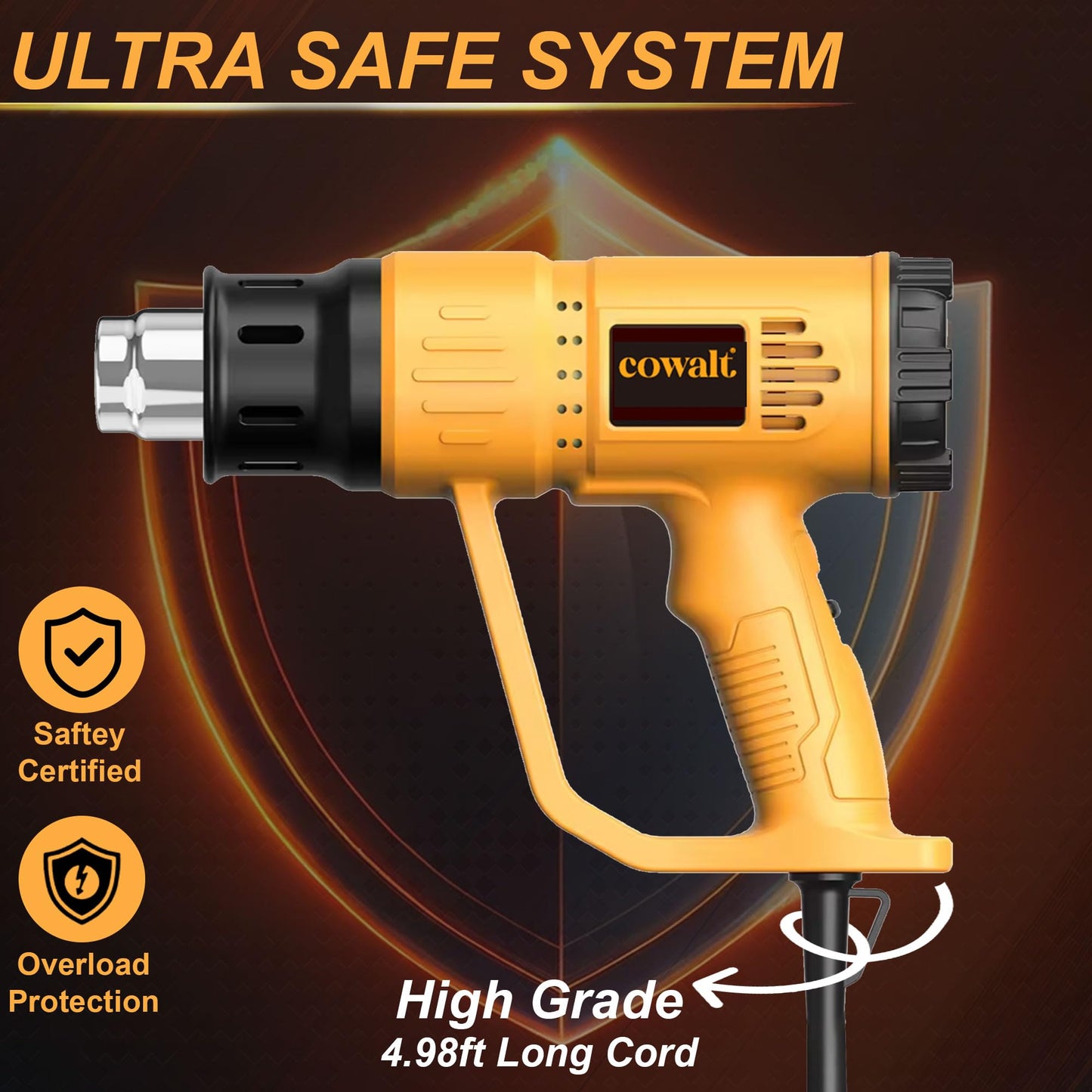 COWALT Heat Gun, 1800W Hot Air Gun with Adjustable Temperature 122-1200°F, Dual Speed Settings for Vinyl Wrap, Epoxy Resin, Crafts, Shrink Tubing - 4 Nozzles & Scraper Included