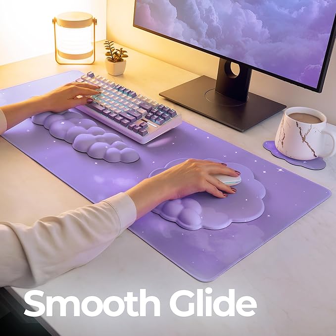 Premium Quality Cloud Wrist Rest Keyboard & Mouse Pad Set – Ergonomic Memory Foam Desk Accessories with Wrist Support for Office & Gaming – Purple-Star