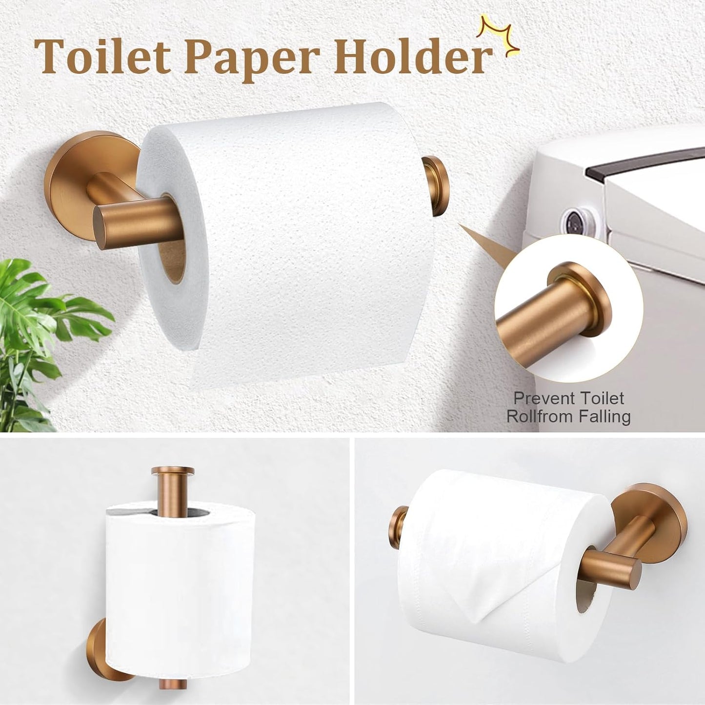 TURS Brushed Rose Gold 5 Piece Bathroom Hardware Set, SUS304 Stainless Steel 23.6 Inch Bath Towel Bar Set, Round Bathroom Accessories Kit Wall Mounted