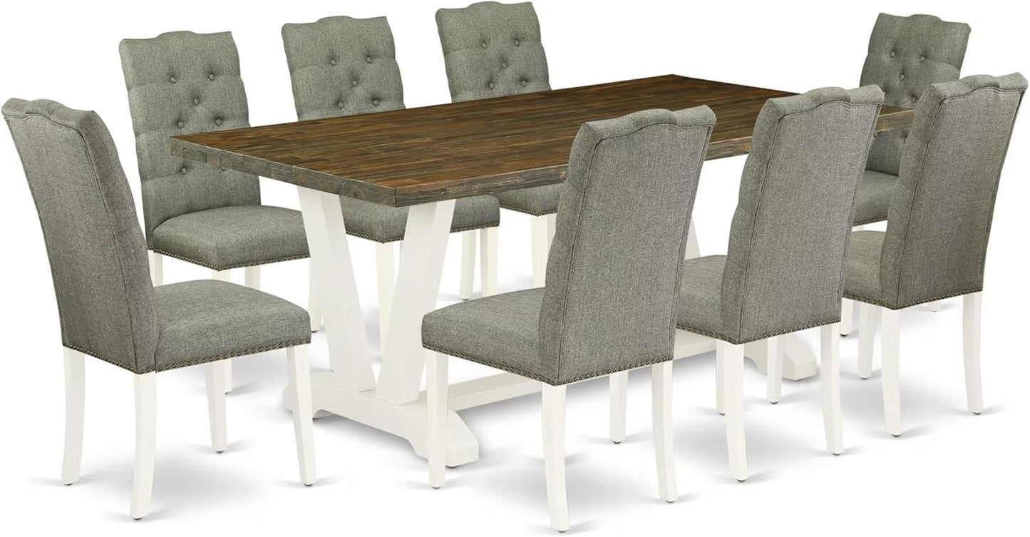 East West Furniture V077EL207-9 9 Piece Kitchen Table & Chairs Set Includes a Rectangle Dining Room Table with V-Legs and 8 Gray Linen Fabric Parson Dining Chairs, 40x72 Inch, Multi-Color
