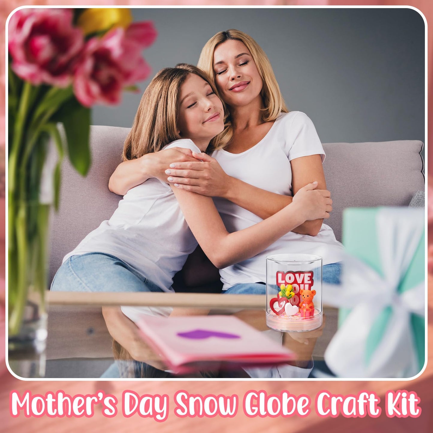 Sotiff 12 Sets Mother's Day Craft Bulk DIY Snow Globe Gift with Mini Resin Heart Bear Vase with Flower Figurines Gift Box 3D Love Heart Love You Mom Wooden Sign for Mom Birthday Classroom Activity