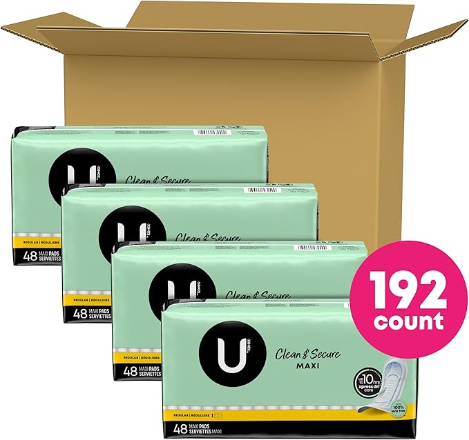 U by Kotex Clean & Secure Maxi Pads, Regular Absorbency, 192 Count (4 Packs of 48) (Packaging May Vary)
