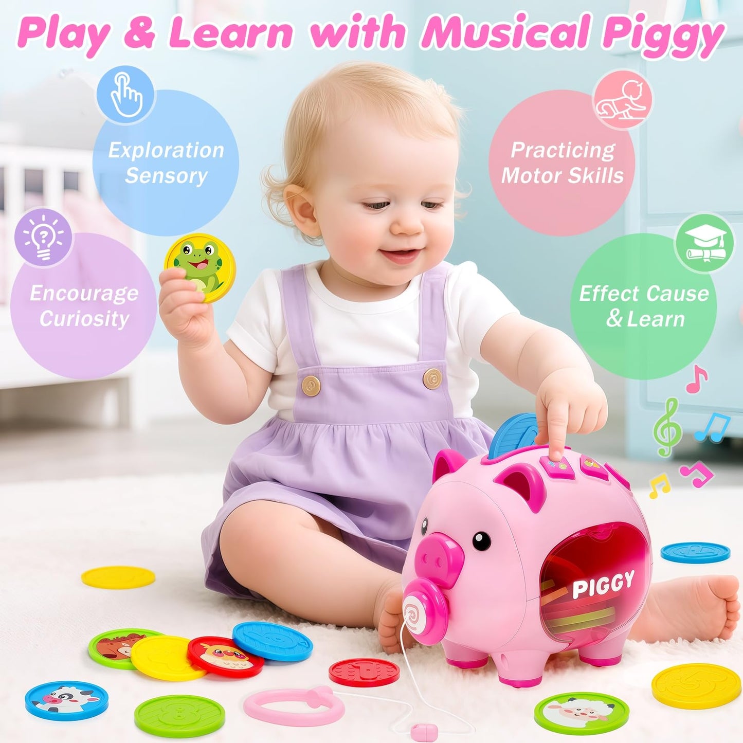 Musical Piggy Toys for 1 Year Old Girl Gift, Piggy Bank with Educational Number, Color, Animal Coin for Baby Interactive Toy 6-12-18 Month, Christmas 1st Birthday for 7 8 9 10 Month Old Girl Boy