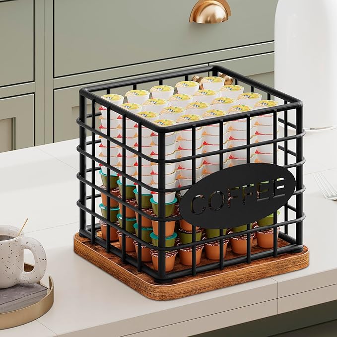 Coffee Pod Holder for K Cup, Large Capacity Coffee Pod Organizer, Versatile Coffee Capsule Storage Basket with Wooden Base, Rustic Brown KH10BR