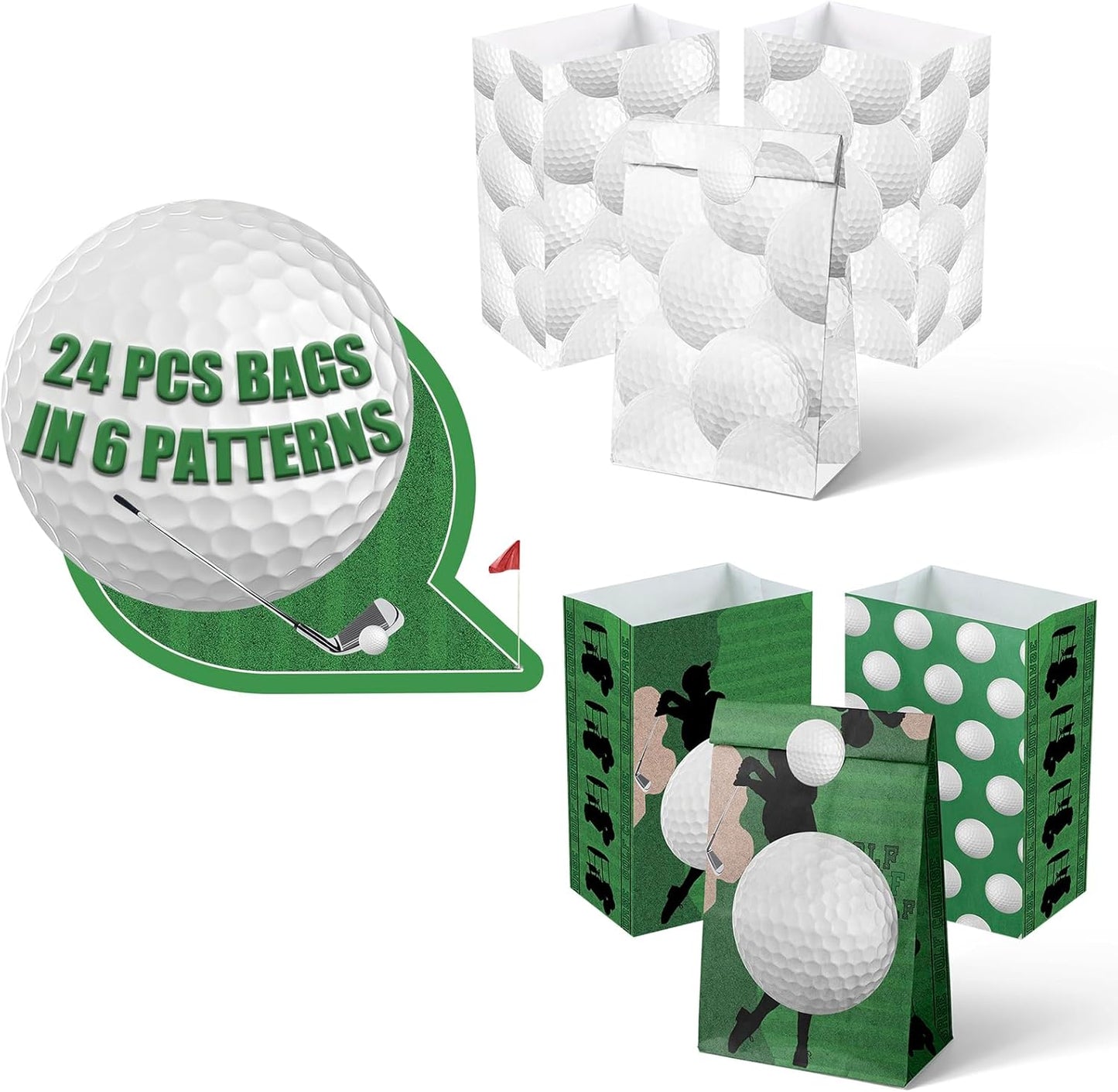Golf Party Favor Bags – 24 Pcs Golf Gift Bags with 5 Designs, Paper Goodie Bags for Sports Theme Birthday Party Decorations and Golf Event Supplies