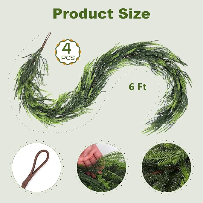 Artificial Norfolk Pine Garlands, 4 Pcs 6 Ft Real Touch Pine Garlands, Christmas Greenery Green Garland for Mantle, Fireplace, Table, Wall, Outdoor, Indoor Christmas Decorations (6 FT, 4)