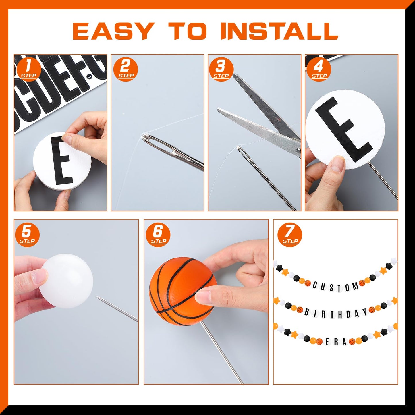 Simgoing 98 Pcs Basketball Birthday Banner Jumbo DIY Friendship Bracelet Birthday Banner Kit Customizable Party Giant Garland Decoration for Basketball Sports Theme Party Decorations