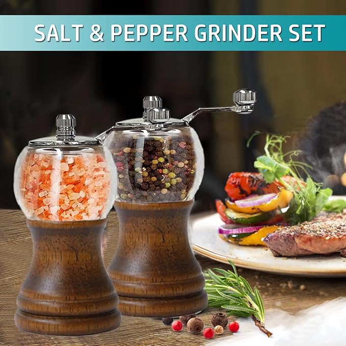 Pepper Mill Set Salt and Pepper Grinder Set Classical Roast Black Manual Pepper Grinder Set 2pcs-5in Hand Shake Salt Mill Walnut Wood Acrylic Ceramic Blades, Enjoy Fresh Pepper Spices