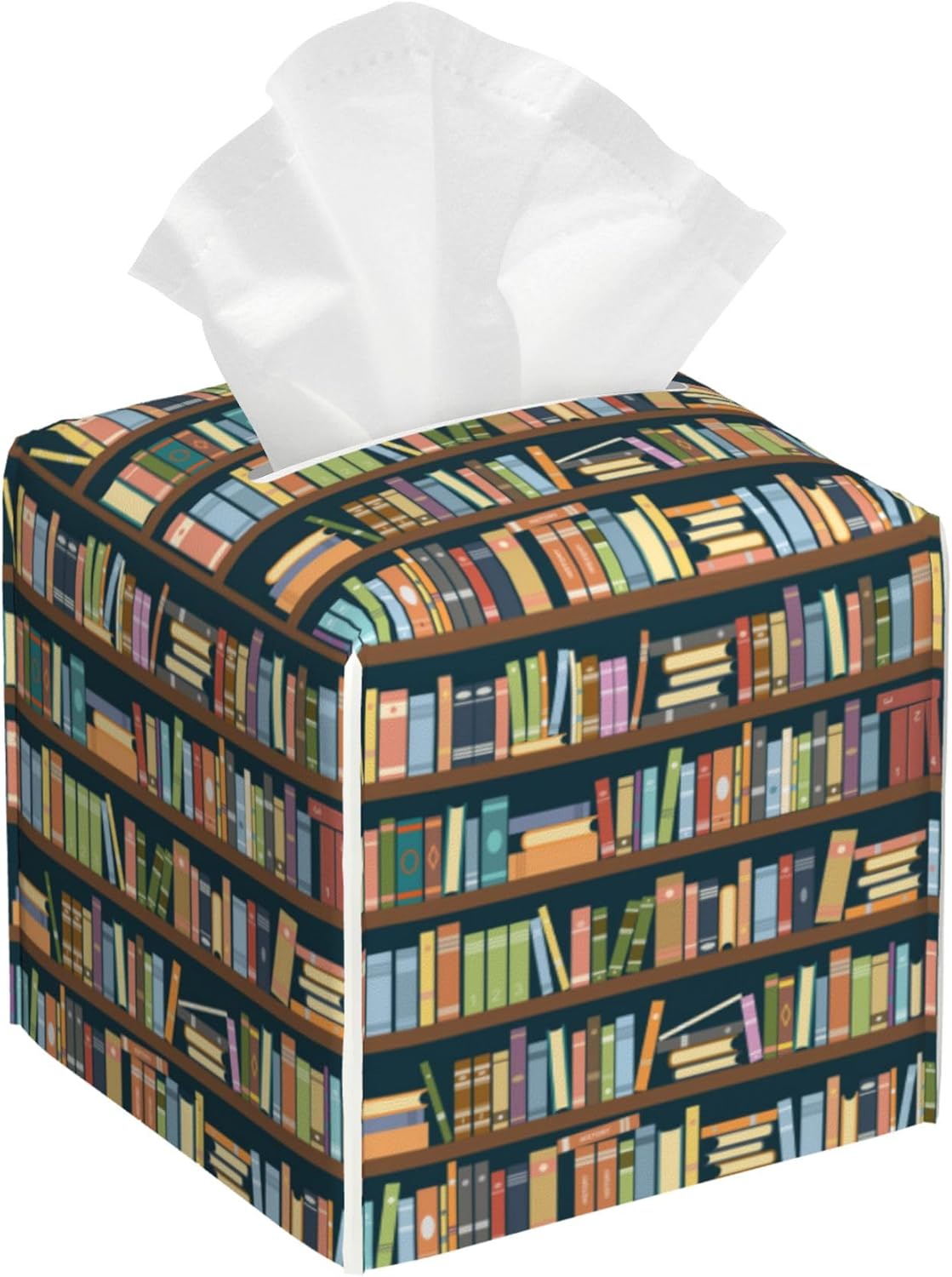 Tissue Box Holder Bookshelves Full of Books Tissue Box Cover Square Leather Tissue Holder Organizer Portable Decorative Facial Paper Case for Home Office Bathroom Vanity Countertop