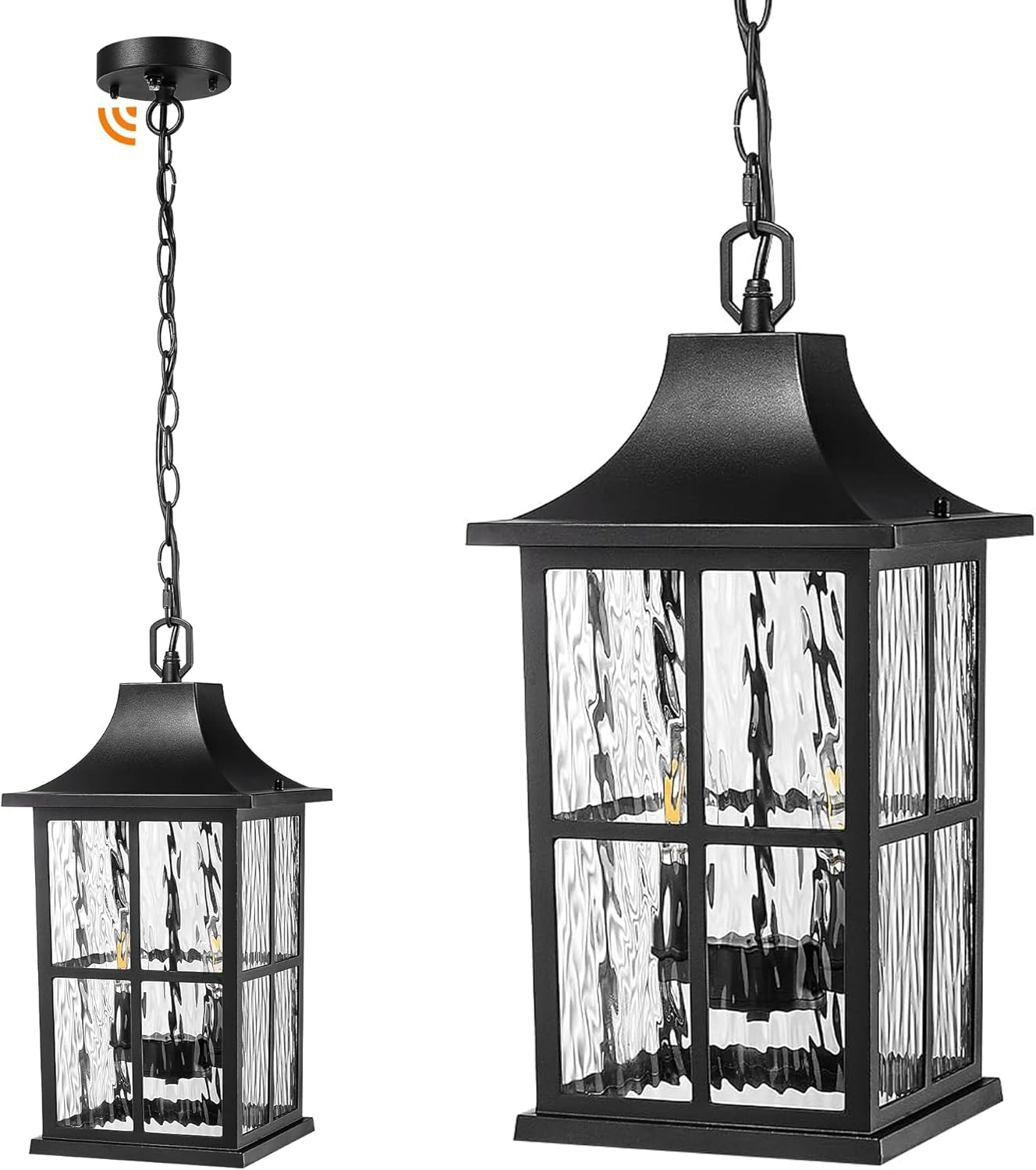 Emliviar 15.4 Inch Adjustable Exterior Lantern Hanging Light, Dusk to Dawn Sensor Hanging Lantern Light Fixture, Water Ripple Glass, 2 x E12 Bulb Base, YXE306H-M-PC BK-SW