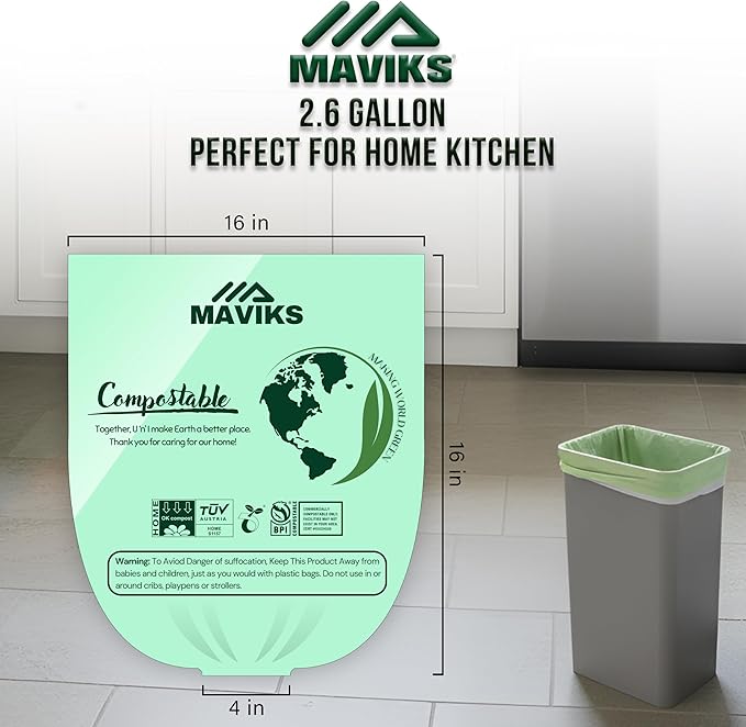 Super Durable Biodegradable Compostable Trash Bags 2.6 Gallons / 9.84 Liter, Green Biodegradable Trash Bags 125 Pcs, Small Kitchen Compost Bags for Countertop Bin, BPI & OK Compost Certified