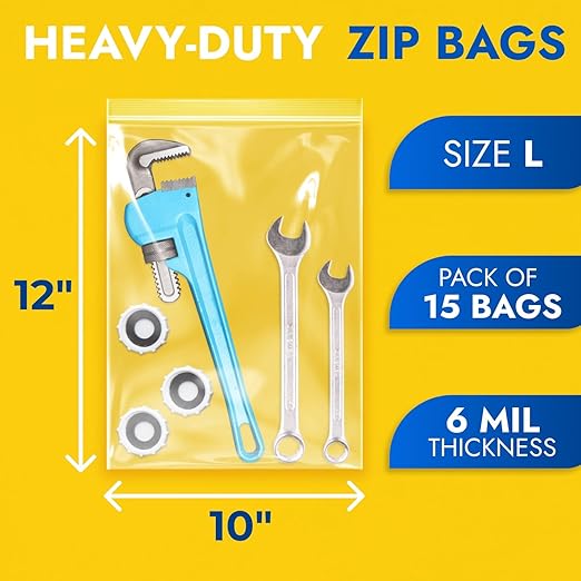 10" x 12" Medium Zip Seal Lock Bags, 6 Mil (Pack of 15) – Heavy-Duty Reclosable Plastic Bags – Clear, Resealable, Waterproof – For Storing and Organizing Clothes, Jewelry, and Travel Items