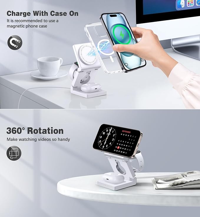 3 in 1 Wireless Charging Station for Apple Multple Devices - Foldable Magnetic Wireless Charger Dock -Travel 18W Charging Pad for iPhone 17 16 15 14 13 12 Pro/Pro Max/Plus/Watch & Airpods All Series