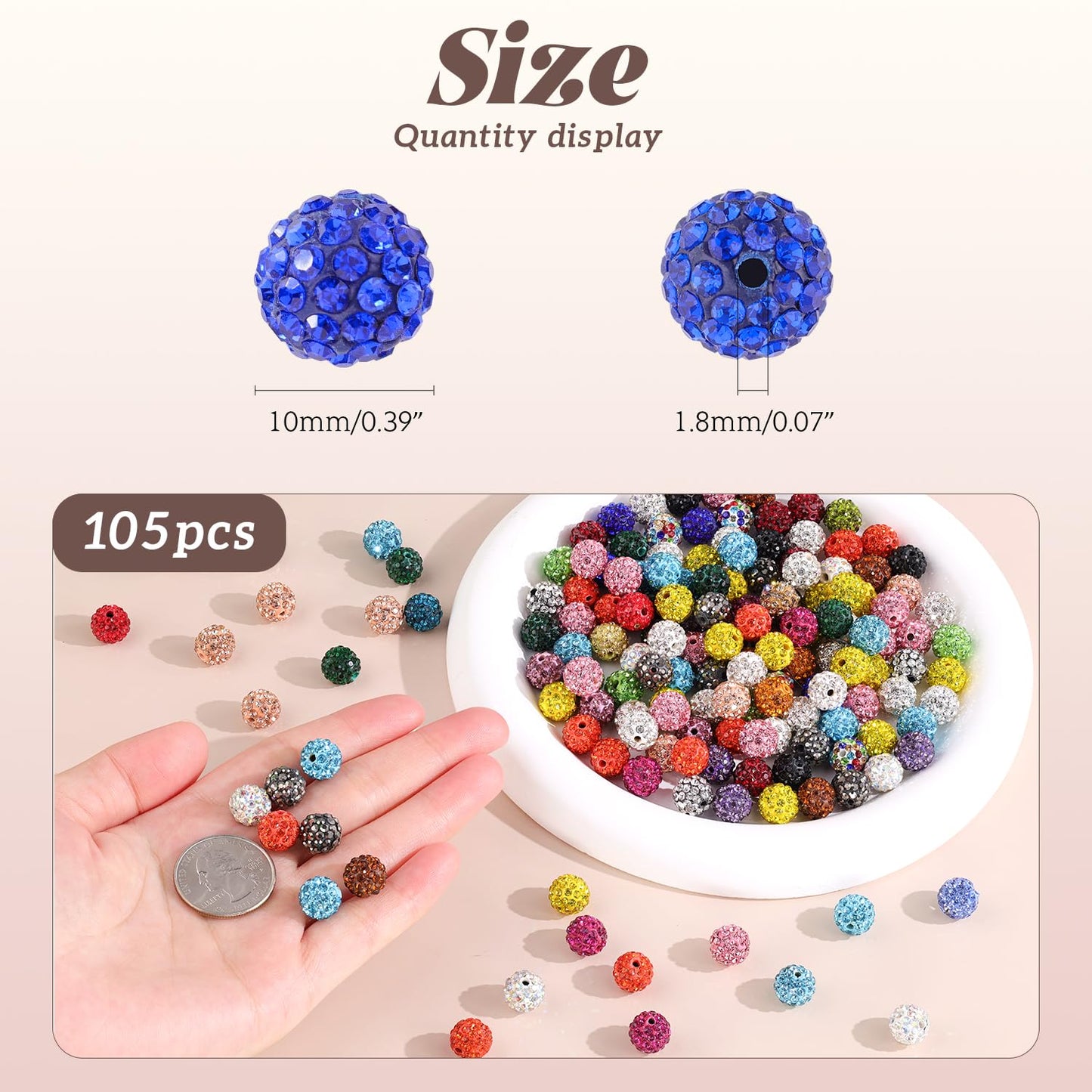 105pcs 10mm Rhinestone Beads for Jewelry Making, White Shiny Round Disco Ball Beads Bulk, Sparkle Crystal Clay Christmas Bead for Bracelet Baseball Necklace Earring Crafting and DIY