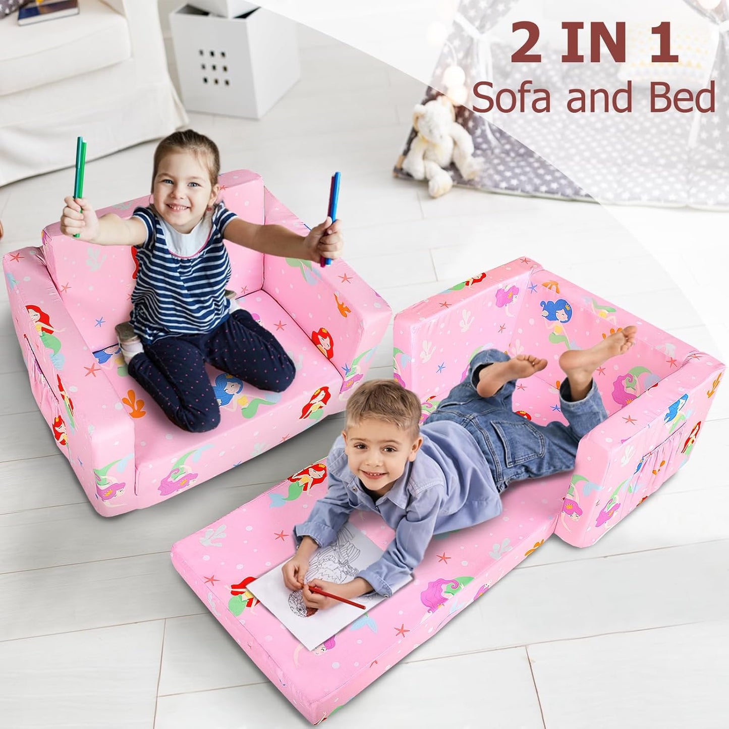 Kids Couch, 2-in-1 Kids Fold Out Sofa, Convertible Toddler Couch to Lounger for Girls and Boys, Soft Toddler Chairs Comfy 1-3 Years Old(Mermaid)