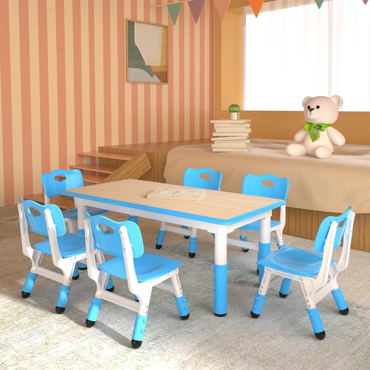 Kids Table and 6 Chairs Set，Height Adjustable Children Table & Chair，Toddlers Study Multi-Activity Table with 47.2"x23.6" Wipe-Clean Desktop，for Classrooms, Homes & Daycares