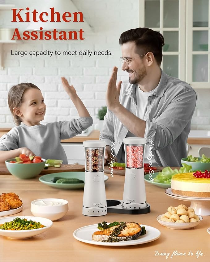 Electric Salt and Pepper Grinder Set with Storage Base, Stainless Steel Rechargeable Salt and Pepper Grinder Set with 4.5 oz Large Capacity, 1.8" Wide Mouth, Adjustable Coarseness, Ideal for Kitchen