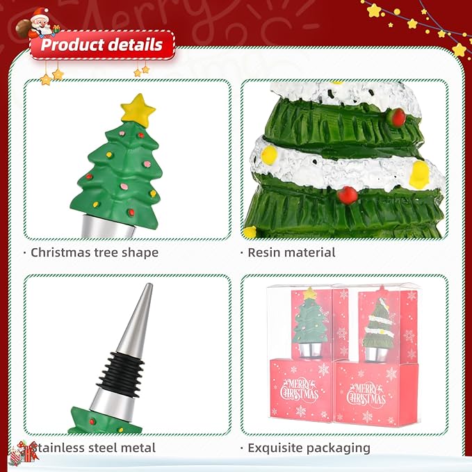 2 Pack Christmas Tree Wine Bottle Stoppers Reusable Bottle Stoppers Cute Wine and Beverage Corker Bottle Sealers for Xmas Holiday Party Decoration, Resin Decorative Wine Stoppers Wine Gift for Hostess