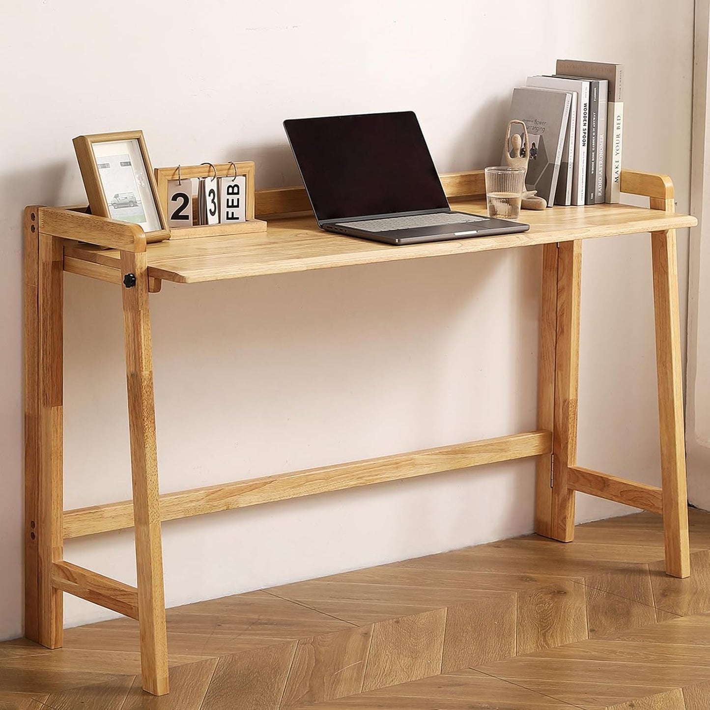 Solid Wood Folding Desk Mid Century Modern Table, 55'' Foldable Writing Computer Desk for Home Office, Simple Study Makeup Workstation, Wooden Study Office Desk Table for Small Spaces, Natural Color