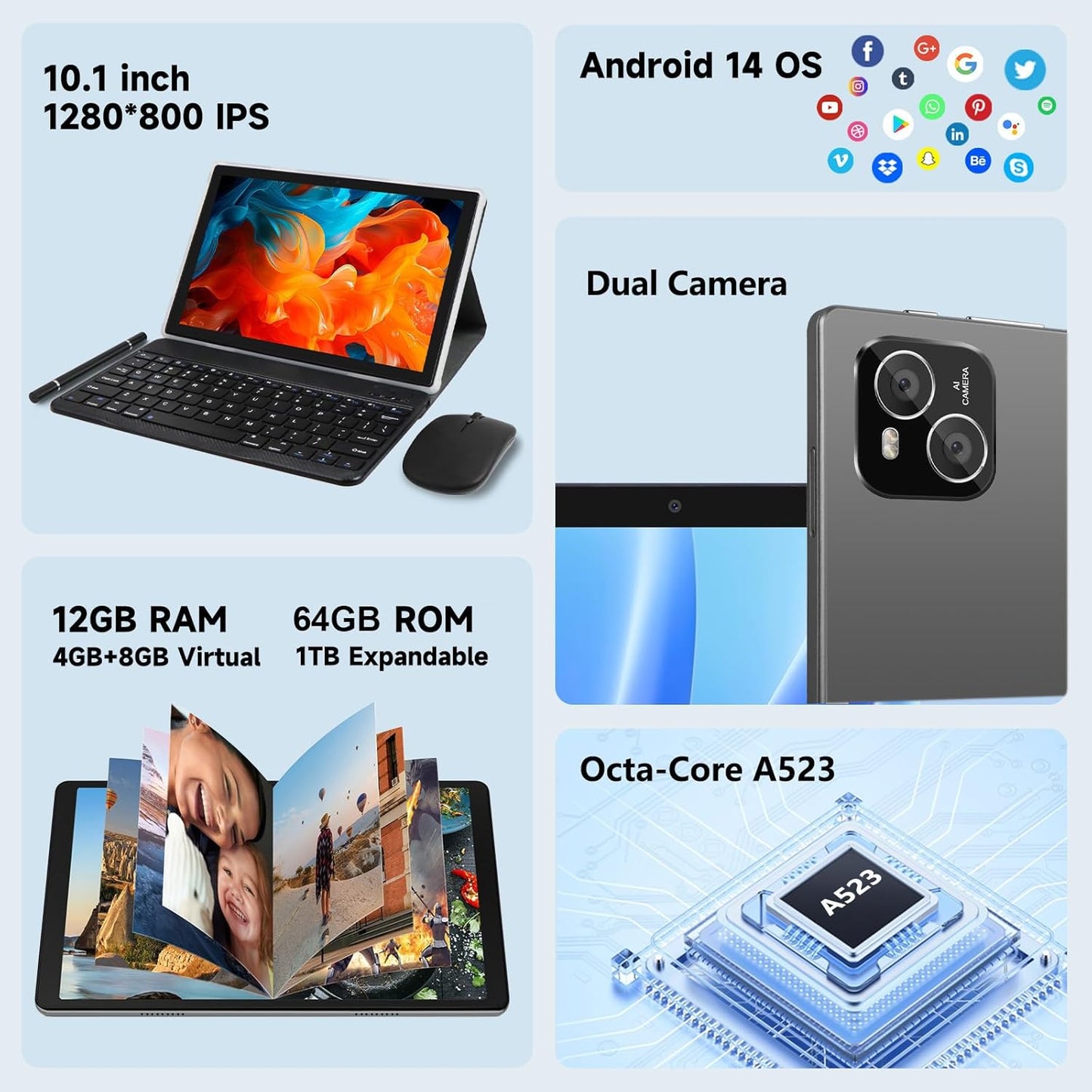 Tablet, Android 14 Tablet with 12GB (4+8) RAM 128GB ROM, Octa-Core Processor Tablets with Keyboard, Mouse, 10.1 Inch 1280 * 800 IPS Touch Screen, Dual Camera, WiFi 6, BT 5.4, 6000mAh Battery