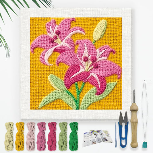 DOODLREAM Colorful Flowers Punch Needle Kit for Beginner, 9.4"x9.4" Lily Floral Punch Stitching Craft Set, DIY Embroidery Starter with Printed Frame, Instruction, Threader, Yarn, Pinch Needle