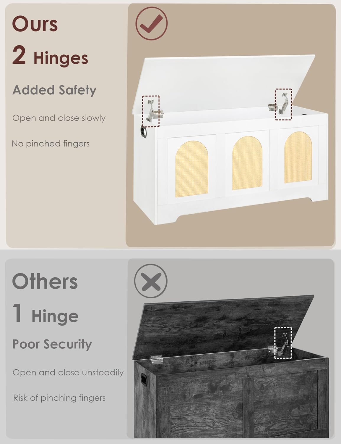 DINZI LVJ Storage Chest, 39.4" Rattan-Like Storage Box with 2 Safety Hinges, Wooden Entryway Shoe Bench with Flip-Top, Trunk for Living Room, Bedroom, Easy Assembly, White and Natural