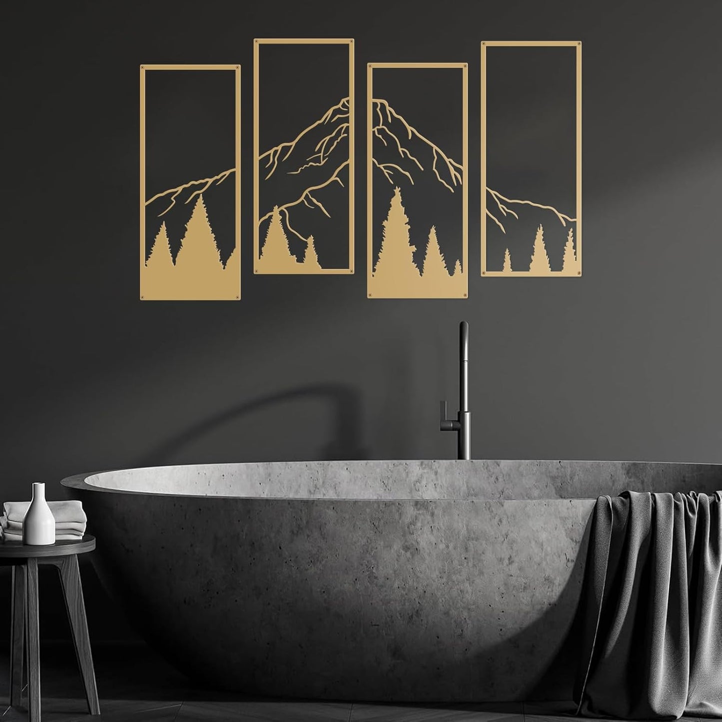 ruelen 4 Pcs Metal Mountain and Forest Wall Decor Line Drawing Wall Art Abstract Minimalist Wall Decor Rustic Nature Home Wall Art Sculpture for Home Office Bedroom Bathroom Living Room (Gold, Small)