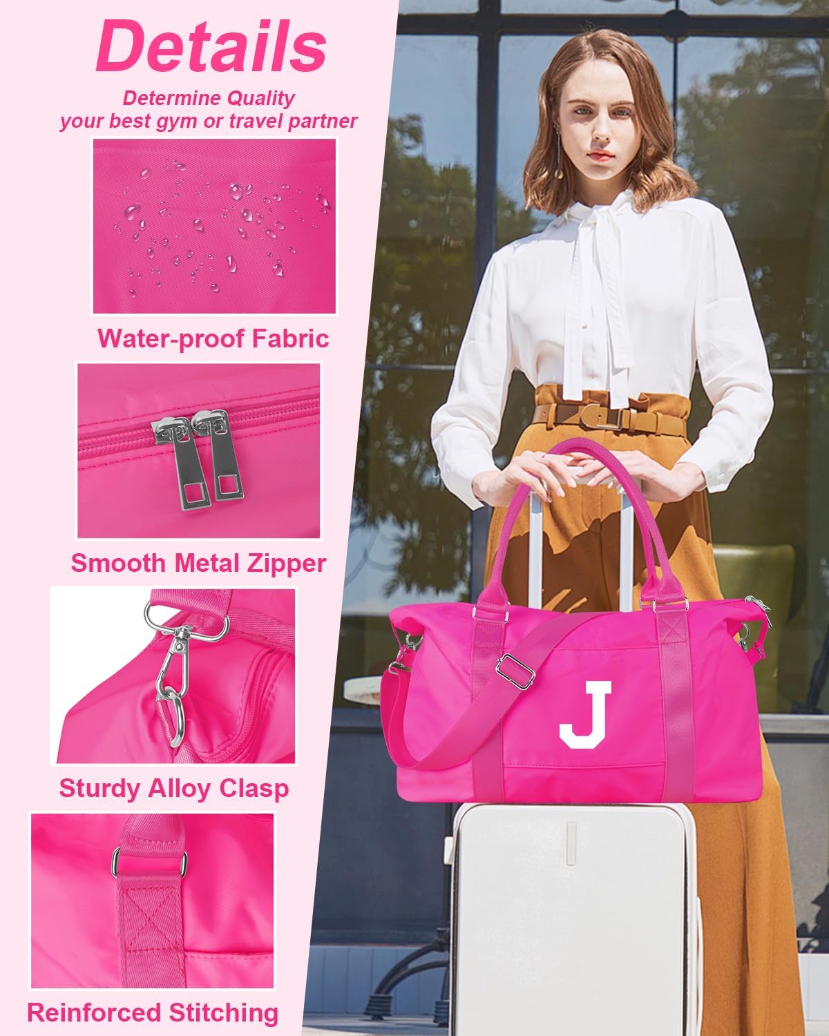 Overnight Bag for Kids Teen Girls Weekender Dance Bag Birthday Graduation Gifts,Initial Travel Duffel Bag Sports Gym Bag Personalized Weekender Bag Carry On Bags Preppy Gifts for Women(Hot Pink, J)