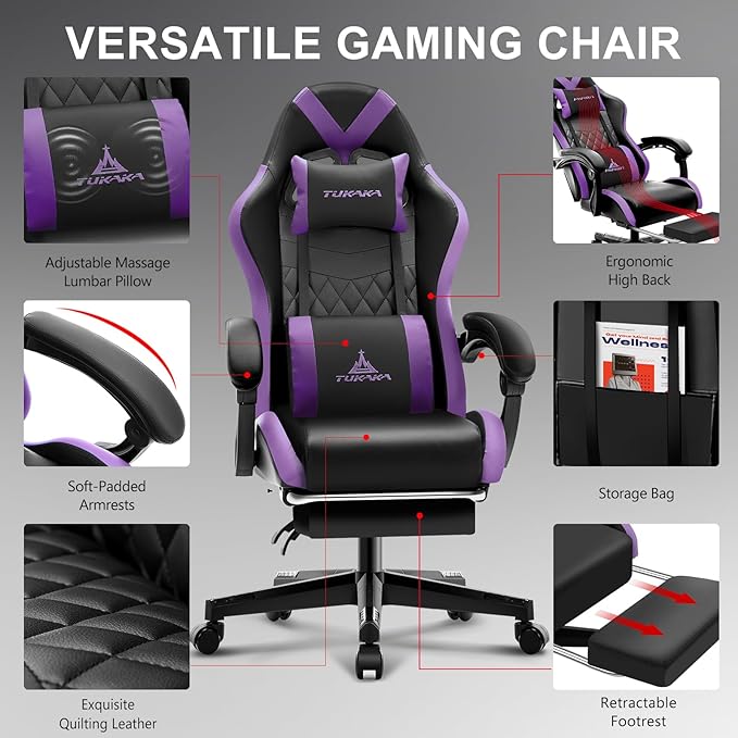 Gaming Chair,Ergonomic Massage Computer Office Desk Chair with Footrest,Pocket Spring Cushion,Reclining Leather Adjustable Gamer Chair with Headrest and Lumbar Support,Purple
