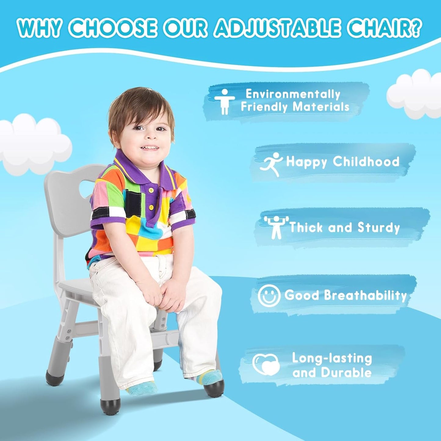 Kids Height Adjustable Toddler Chair Max Load 220LBS Plastic Indoor Outdoor for Children Age 1-6 School Home Daycare Use Grey