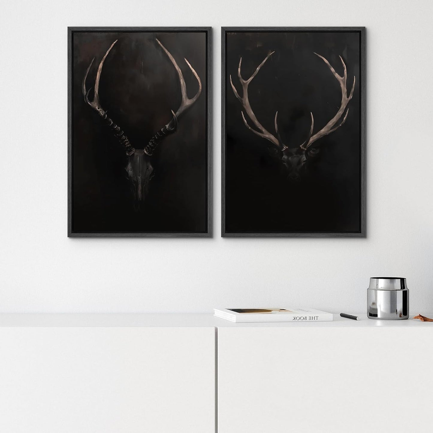 SIGNWIN Framed Canvas Print Wall Art Rustic Antler Skull Dark Dramatic Black Vintage-Inspired Deer and Elk Antlers Illustrations Decorative for Living Room, Bedroom, Office - 24"x36"x2 Black