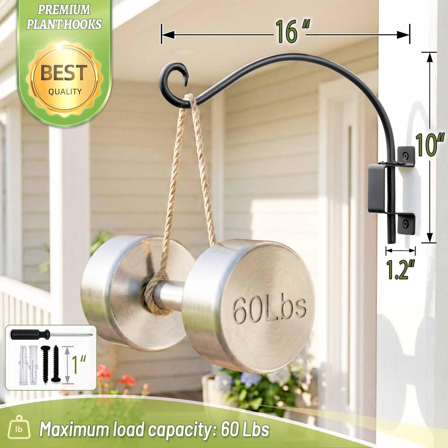 Qiang Ni Swivel Plant Hanger - 16 Inch 60 lbs Capacity Anti-Rust Metal Wall Mount Hook with Mounting Screws - for Indoor Outdoor Hanging Bird Feeders, Flower Baskets, Wind Chimes, Lanterns