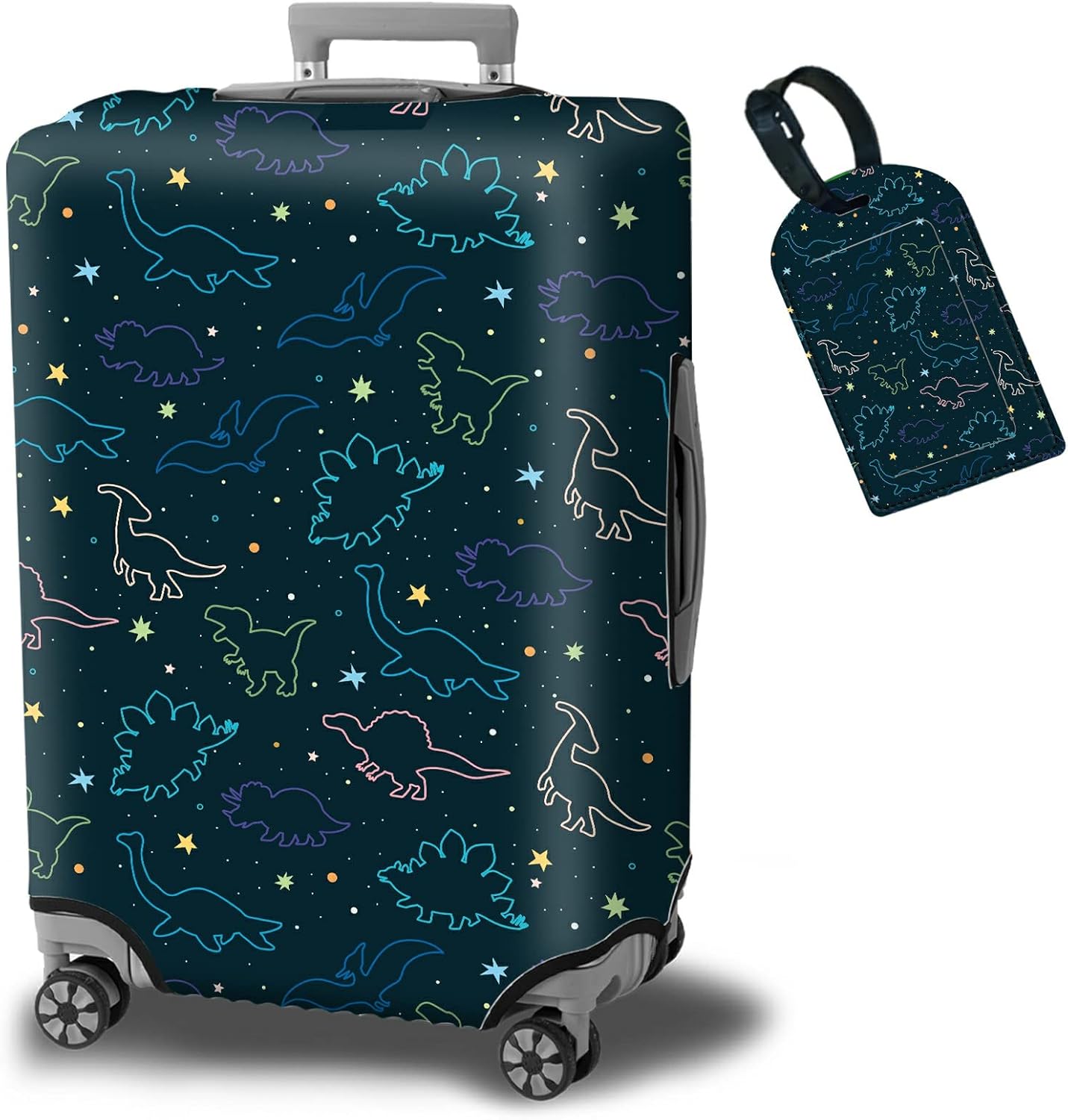 Luggage Cover Suitcase Protector Plus 1 Luggage Tag, Dinosaurs Space Travel Suitcase Cover Suitable for 29-30 inch Luggage (XL) with Concealed Zipper Washable Elastic Cloth Dustproof Anti-Scratch