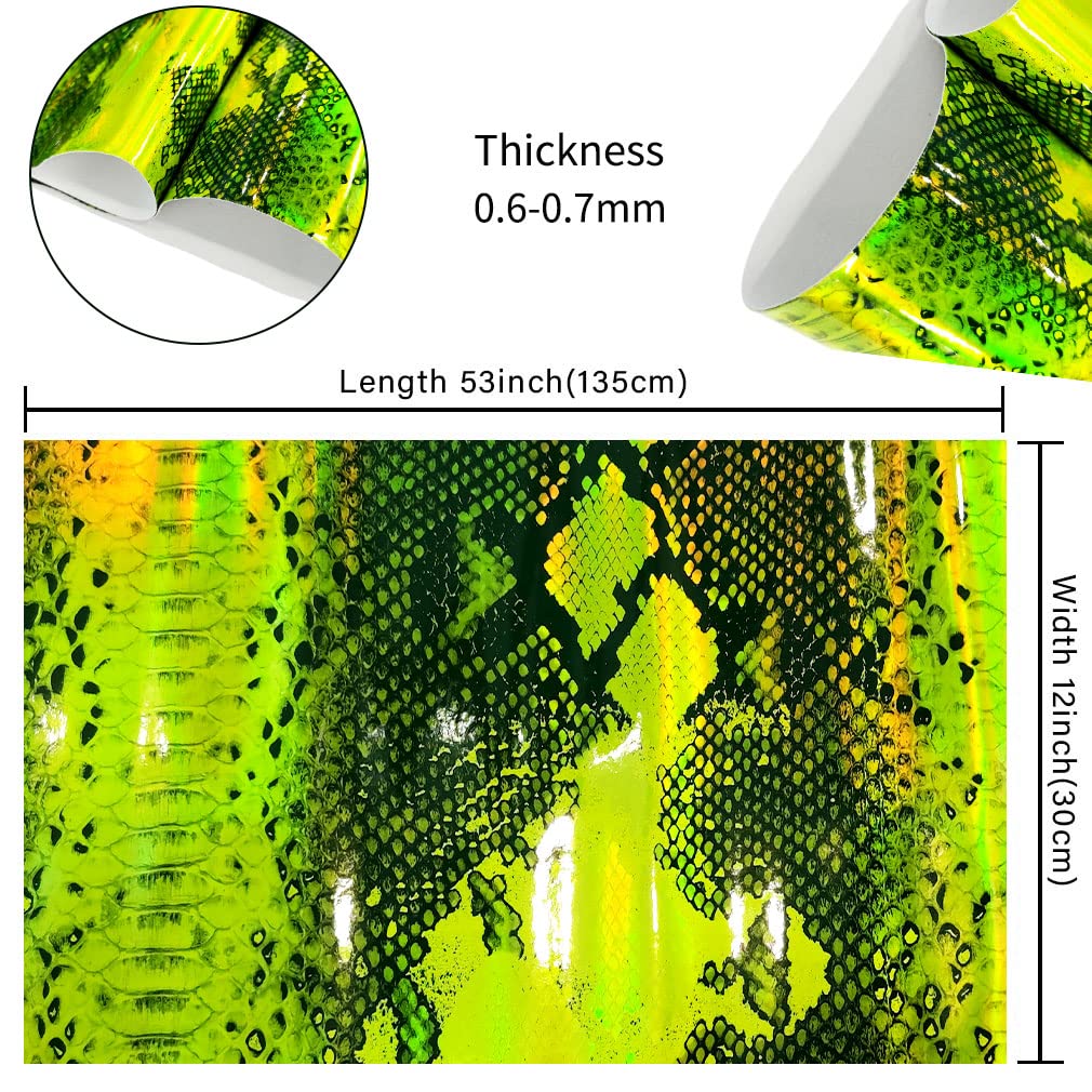 HYANG Holographic Mirror Snake Fluorescent Green PU Faux Leather Sheets 1 Roll 12"X53"(30cmX135cm), Faux Leather Fabric Very Suitable for Leather Earrings, Bows, Handbag ，Sewing ，Crafts Making
